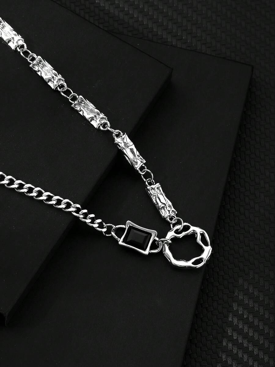 1 件不锈钢不对称镂空吊坠方形水晶镶嵌个性男士项链 - 彩色 - 查看 1