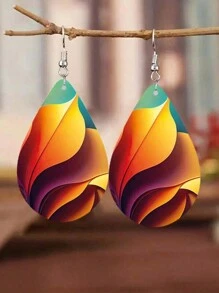 1對多色油畫木質淚滴吊墜耳環,時尚藝術極簡珠寶適用於派對、表演和節日 - 混彩油畫 - 查看 1
