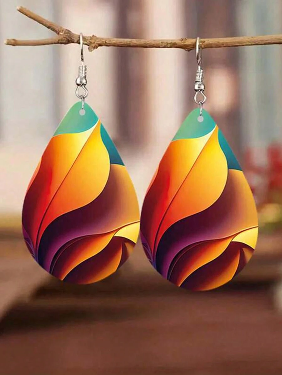 1對多色油畫木質淚滴吊墜耳環,時尚藝術極簡珠寶適用於派對、表演和節日 - 混彩油畫 - 查看 1