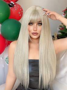 1 件合成耐熱直髮瀏海假髮奶灰色 26 吋全機織日常自然逼真假髮 - 淺灰色 - 查看 4