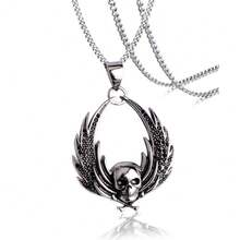 1件欧美风格男士个性化316L不锈钢骷髅头和翅膀形状吊坠，镶嵌满水钻，日常配饰 - 黑色 - 查看 3