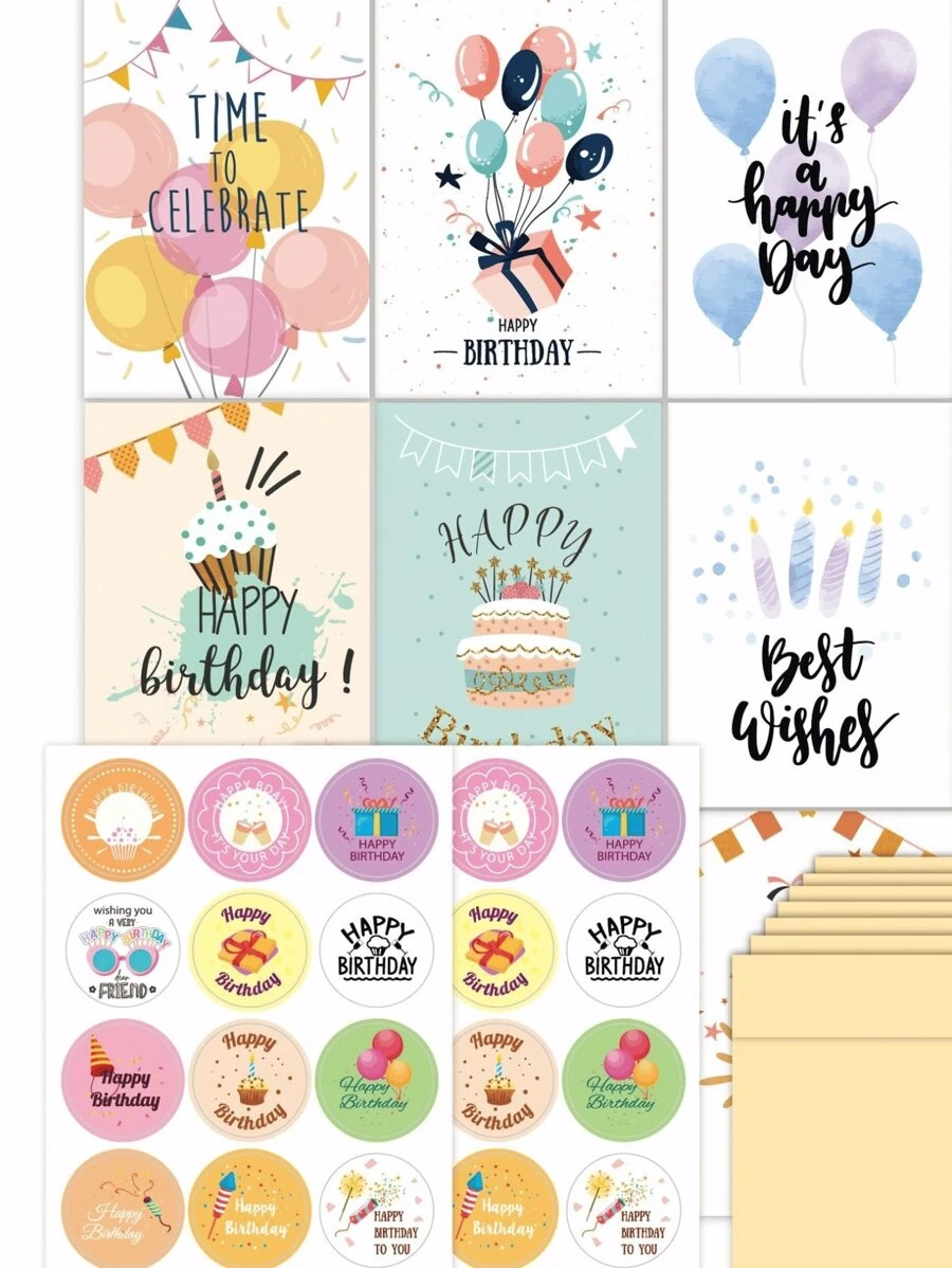 WholeNight 50 件生日套裝,包括 24 張卡片、24 個信封和 2 個貼紙,多種款式,隨機混合風格,四季通用,適合寶寶紀念日、生日、感謝卡 - 彩色 - 查看 1