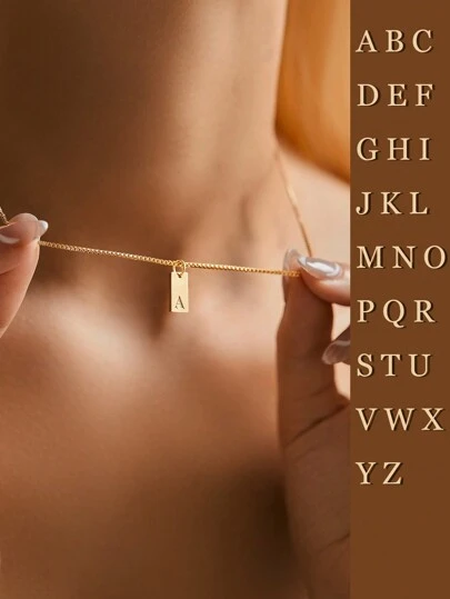 SYMFNY 1個925銀光澤矩形字母吊墜項鍊,搭配盒狀鏈,男女適用,日常佩戴及作為禮物