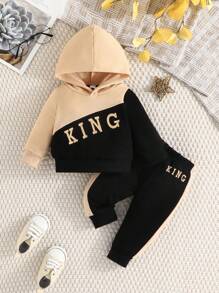 嬰兒男童春/秋季長袖帶帽外套與長褲套裝,印有字母和拼色設計 - 彩色 - 查看 1