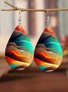 1對多色油畫木質淚滴吊墜耳環,時尚藝術極簡珠寶適用於派對、表演和節日 - 混彩油畫 - 查看 4