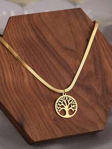 1入組不銹鋼蛇骨幸運樹吊墜鎖骨項鍊,適用於女性珠寶收藏 - 金色 - 查看 4