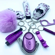9入組女性防身警報鑰匙扣,緊急救援逃生工具包括：破窗器,開瓶器,手腕帶,手部消毒瓶座,無接觸開門器,口哨,鑰匙圈,假日禮物推薦 - 紫色 - 查看 1