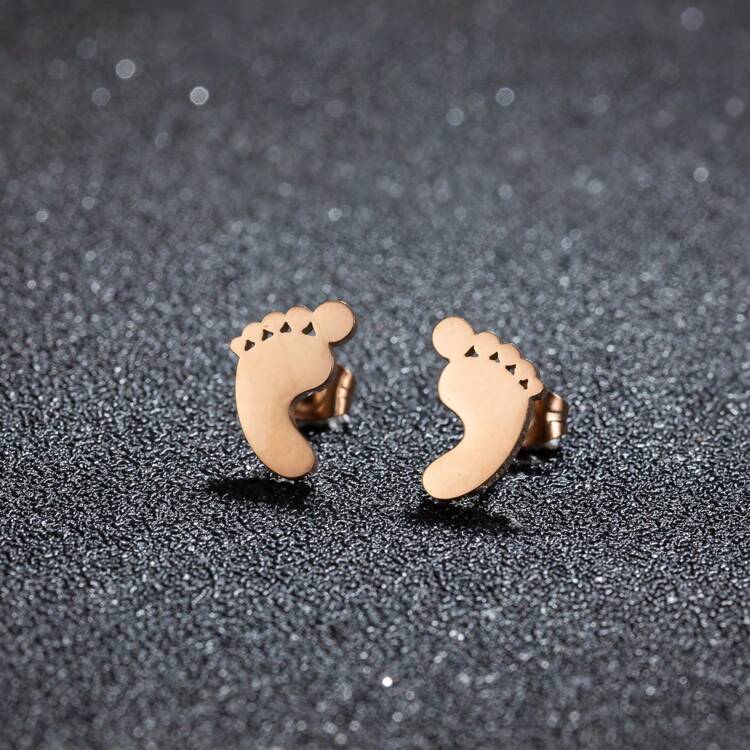 1 paire de boucles d'oreilles mignons en forme d'empreinte de pied, boucles d'oreilles clous en acier inoxydable petits pour femmes. Bijoux de mode miniatures, cadeau d'anniversaire en gros - Or rose - Voir 1