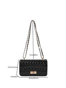 拼接鑲鑽圖案鏈帶肩背包 - 黑色 - 查看 7