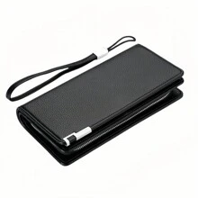 1pc Men's Long Zipper Wallet With Rfid Protection, Multifunctional Card Holder And Large Capacity Coin Pocket, Fashionable, With Hand Strap - Black - View 7