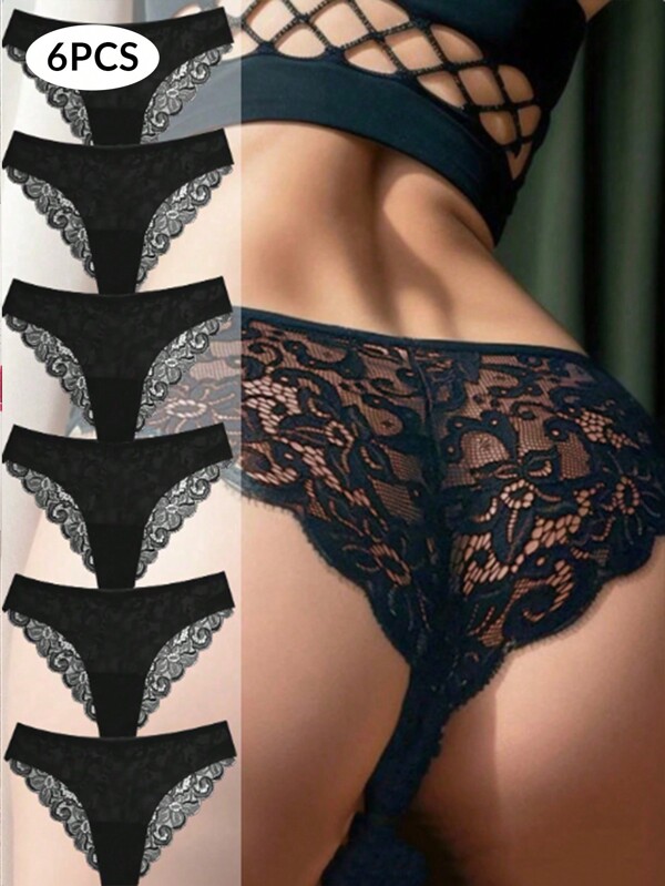 6 piezas Bragas de mujer con parches de encaje negro sexy transparente