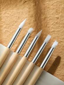 5入組木柄矽膠修指筆套裝,diy美甲工具,可雕刻、繪畫、貼片和塗抹鏡面 - 杏色 - 查看 4