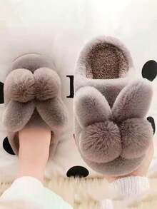 1 Pair Rabbit Ear Design Super Soft Plush Lounge Slippers For Women Girls - Brown - View 2