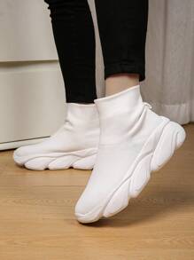 女款簡約白襪運動鞋,高筒厚底運動鞋,適合休閒散步 - 白色 - 查看 4