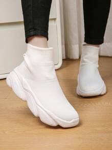 女款簡約白襪運動鞋,高筒厚底運動鞋,適合休閒散步 - 白色 - 查看 5