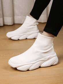 女款簡約白襪運動鞋,高筒厚底運動鞋,適合休閒散步 - 白色 - 查看 1