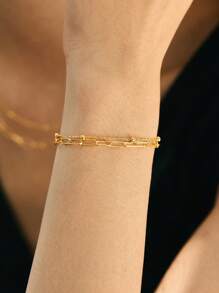 1pc 925 Sterling Silver Fashionable Double Layer Beaded & Paperclip Link Chain Bracelet, Suitable For Women's Daily Wear - Yellow Gold - View 1