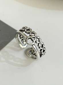 1pc Fashionable Vintage Unisex S925 Sterling Silver Personalized Cross & Hollow Out Heart Design Open Ring, Suitable For Daily & Party Wear, Jewelry - Silver - View 2