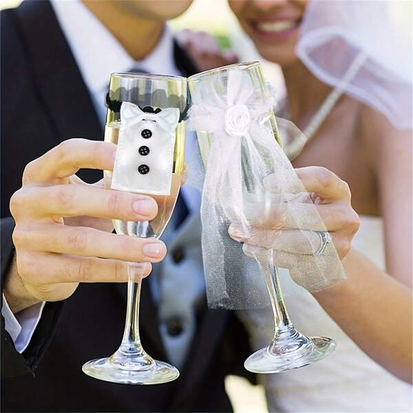 1 Suit Of, Wedding Bride Groom Wine Cups, Champagne Glasses Ornaments Decoration, Marriage Bridal Shower, Photo Props, Wedding Table Decor, Creative Small Gift, Holiday Accessory, Birthday Party Supplies, Birthday Gift, Art Craft Ornament Gift