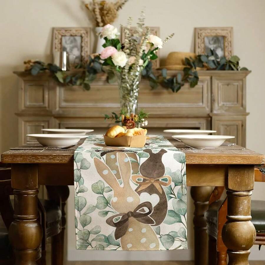 1pc 78.7*12.5inch Rectangle Polyester Table Runner With Bowknot, Rabbit & Eggs Print For Spring And Easter, For Table Decoration, Family Banquet, Festival And Party Decoration, Gift For Family And Friends, Party Favor