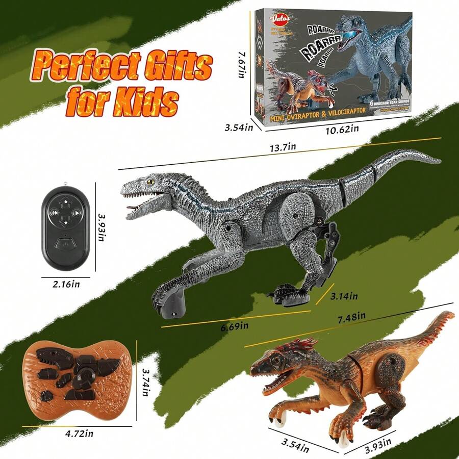 VATOS 2 In 1 Remote Control Dinosaur Toys, RC Jurrasic Velociraptor Dinosaur & Rechargeable Mini