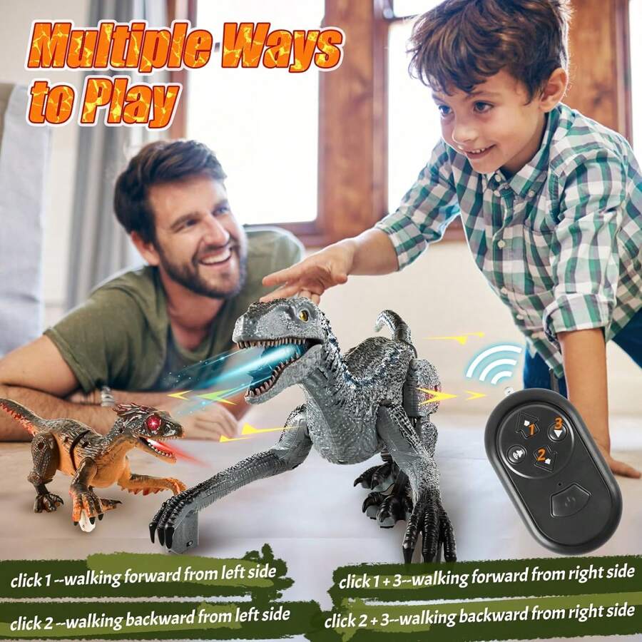 VATOS 2 In 1 Remote Control Dinosaur Toys, RC Jurrasic Velociraptor Dinosaur & Rechargeable Mini
