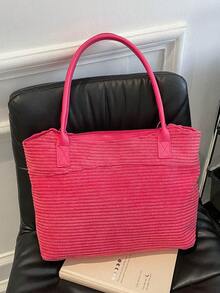 燈芯絨女式燈芯絨單肩手提包 燈芯絨手提包帶可調式肩帶,復古百搭女式手提錢包,女式經典日常包 - 玫紅色 - 查看 7