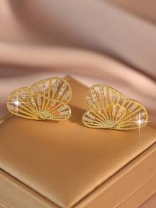 1 对优雅双蝴蝶方晶锆石吊坠耳环适合女士婚纱情人节礼物 - 金黃色 - 查看 4