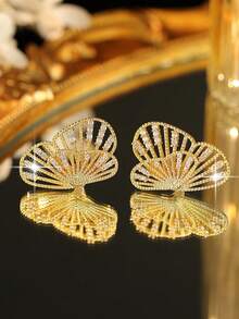 1 对优雅双蝴蝶方晶锆石吊坠耳环适合女士婚纱情人节礼物 - 金黃色 - 查看 5