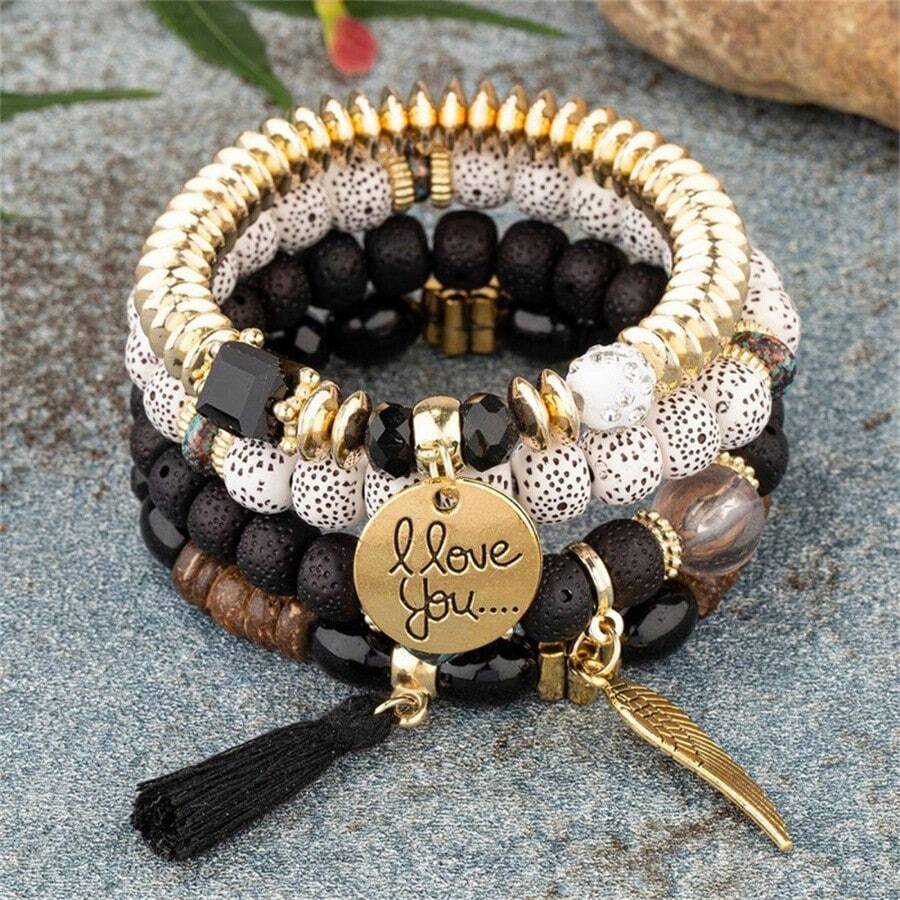 [4pcs/Set] Fashionable Bohemian Elastic Multiple-Layer Charm Bracelet Set With Gold-Color English Letter Plate, Wing & Tassel Pendant, And Beads - Multicolor - View 1