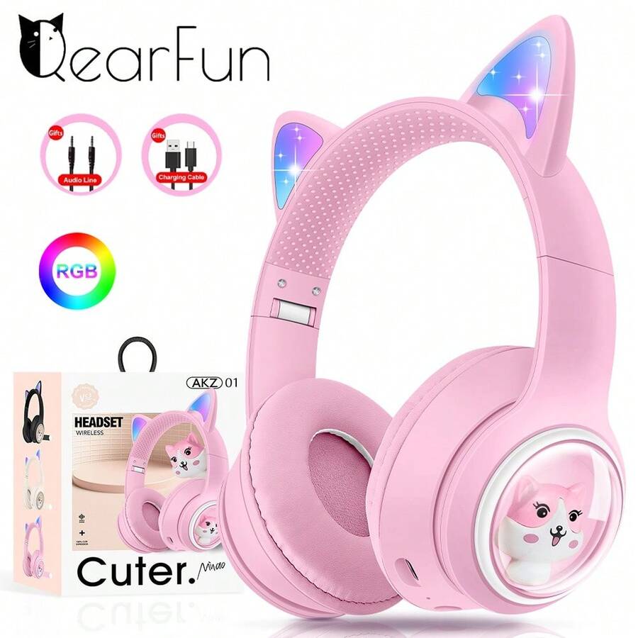 Rgb Led閃爍燈的無線耳機,可愛的貓耳音樂耳機立體聲遊戲耳機,女孩子和孩子們通用,附贈禮盒 - 粉色 - 查看 1