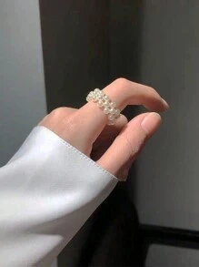 1pc Triple/Quintuple Row Pearl Adjustable Ring Suitable For Women's Daily Wear - White - View 9