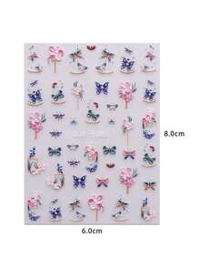 4片春季蝴蝶、燕子、花卉植物凸紋美甲貼紙，DIY - 彩色 - 查看 3
