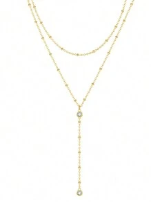 1pc European And American Style Y-Shaped Double-Layered Women Necklace With Rhinestone, Long Tassel Sweater Chain, Unique Lip Chain For Collarbone - Gold - View 3