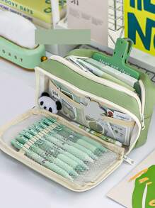 1個簡約透明學生可愛筆袋,布質大容量便攜日常收納盒,多層多功能布質拉鍊收納袋 - 綠色 - 查看 4