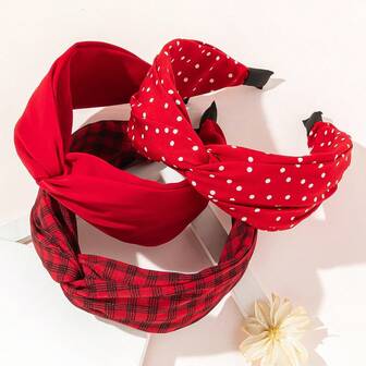 3入組實色、格紋、打結寬頭帶、花朵、棋盤和波點印花,粉色y2k頭髮飾品