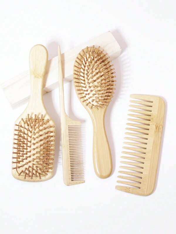 4 Peças Escova de Cabelo Tipo Pá de Bambu, Escova para Desembaraçar Cabelo e Pente de Dentes Largos para Massagem e Cachos, Adequado para Homens e Mulheres com Cabelo Espesso e Encaracolado, Escova de Cabelo, Pente, Ferramentas para Cabelo, Produtos e Acessórios de Cabelo para Barbearia, Salão de Beleza e Viagem