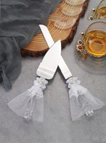 1 Peça Conjunto de Talheres Decorado com Renda Branca e Tela Fina, com 3 Pérolas Falsas e Cabo de Faca e Pá de Acrílico para Decoração de Mesa de Casamento Nupcial, Dia dos Namorados