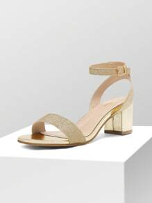 Women Glitter Chunky Low Heeled Summer Sandals, Elegant Ankle Strap Open Toe Heeled Sandals - 金色 - 查看 1