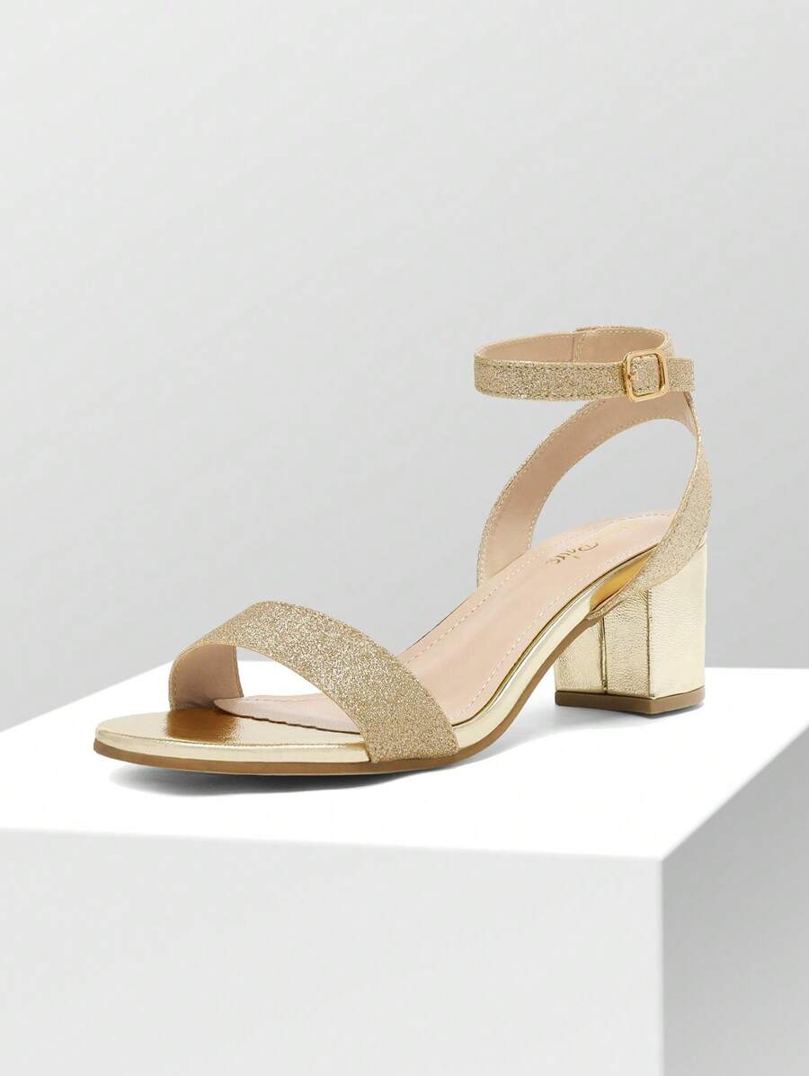 Women Glitter Chunky Low Heeled Summer Sandals, Elegant Ankle Strap Open Toe Heeled Sandals - 金色 - 查看 1