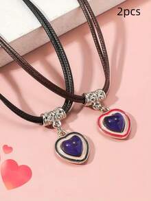 2入組時尚情人節心形和雨滴形掛墜項鍊套裝,帶編織皮革繩,情侶專用 - 愛心 - 查看 1