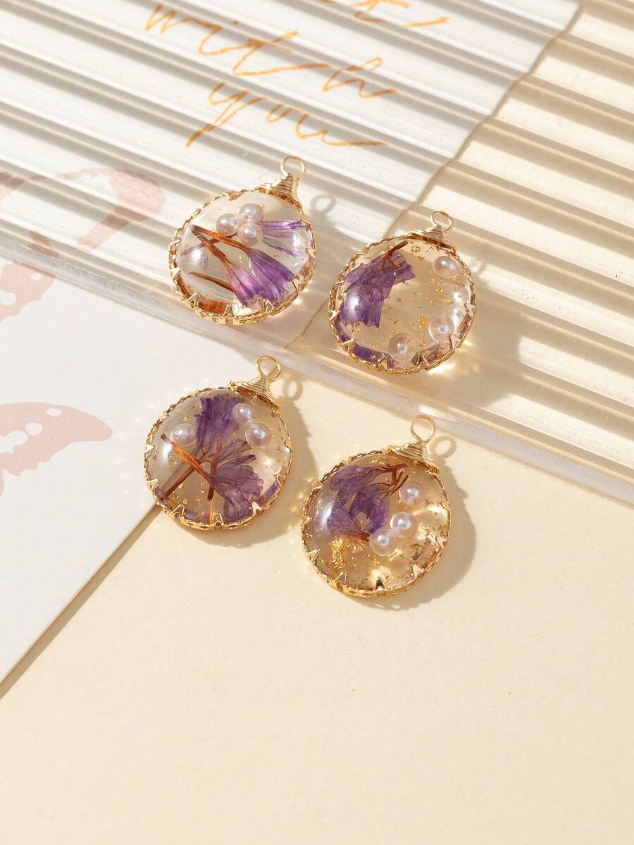4入組橢圓形和3d樹脂乾花銅鑲嵌手工編織珠寶製作diy吊墜,適用於女性 - 紫羅蘭色 - 查看 1