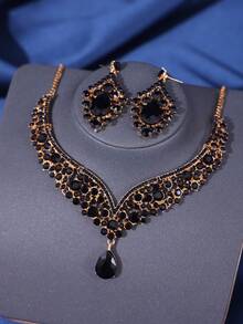 4 件套女士公主森系蝴蝶皇冠项链和耳环套装，婚纱配饰，幸运绿和鲜艳红宝石项链，精致蓝色配饰 - 黑色 - 查看 5