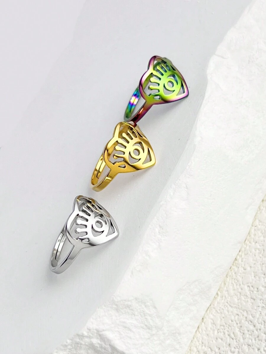 1pc Simple & Stylish Stainless Steel Men's Ring With Eye Shaped Hollow Out & Adjustable Size & Multicolor Optional Fashionable Opening Ring - Stylish Eye Ring - View 1