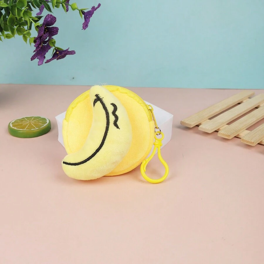 水果毛絨零錢包可愛女孩立體零錢包收納袋兒童背包掛件拉鍊硬鑰匙包便攜迷你耳機包 - 黃色 - 查看 1
