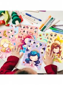 6pcs/Pack Princess Face-Shifting Stickers Diy Puzzle Sticker Toy, For Boys & Girls - Dusty Pink - View 8