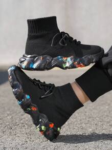 童鞋，儿童运动鞋，儿童休闲平底鞋，男童运动鞋，女童运动鞋，中性童靴，儿童踝靴，中性童鞋，冬季休闲一脚蹬，针织透气儿童运动鞋，随机迷彩平底鞋，舒适防滑跑步运动鞋 - 黑色 - 查看 1