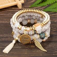 [4pcs/Set] Fashionable Bohemian Elastic Multiple-Layer Charm Bracelet Set With Gold-Color English Letter Plate, Wing & Tassel Pendant, And Beads - Multicolor - View 16