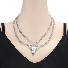 1件時尚個性化雙層狐狸墜飾項鍊,鳥頭和骷髏形狀的吊墜 - 銀色 - 查看 12