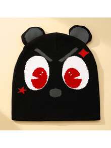 1入組男士黑色毛帽,y2k動漫可愛動物耳朵提花針織帽子,頭骨帽暖冬帽,適合日常使用,在戶外滑雪等活動中使用 - 黑色 - 查看 8